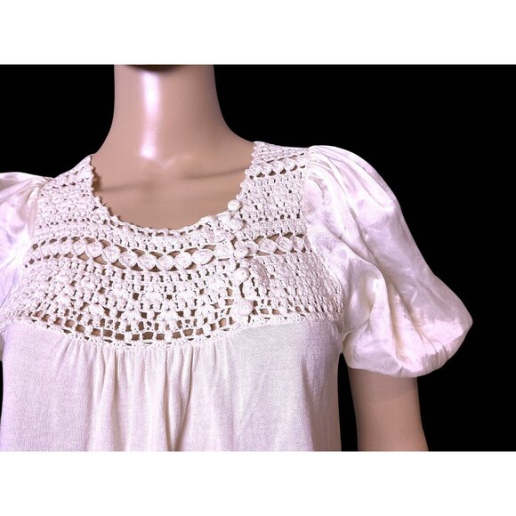 BCBG Crochet Large Silk Cotton Puffed Sleeve Pullover Ivory Cottagecore Size L - Picture 7 of 13